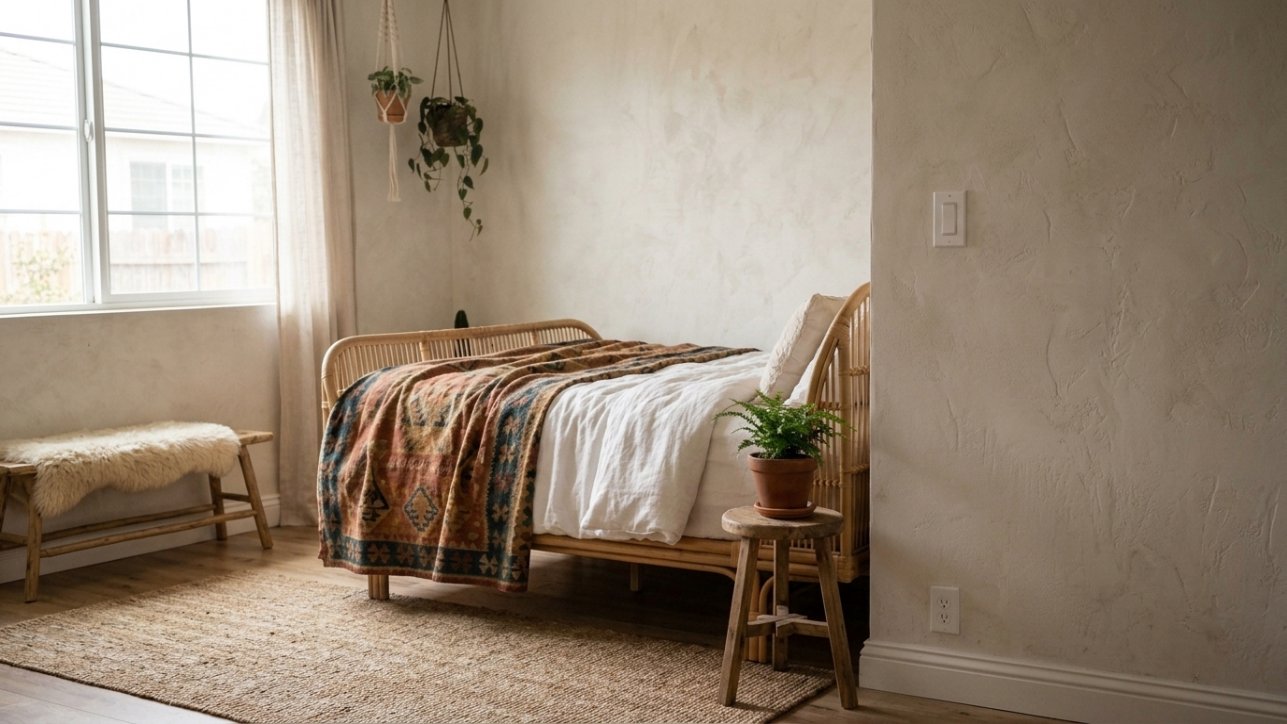 A rattan bed frame layered with a kilim throw