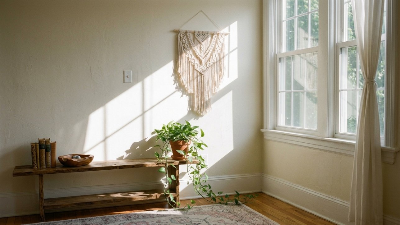 A macrame wall hanging above a trailing plant