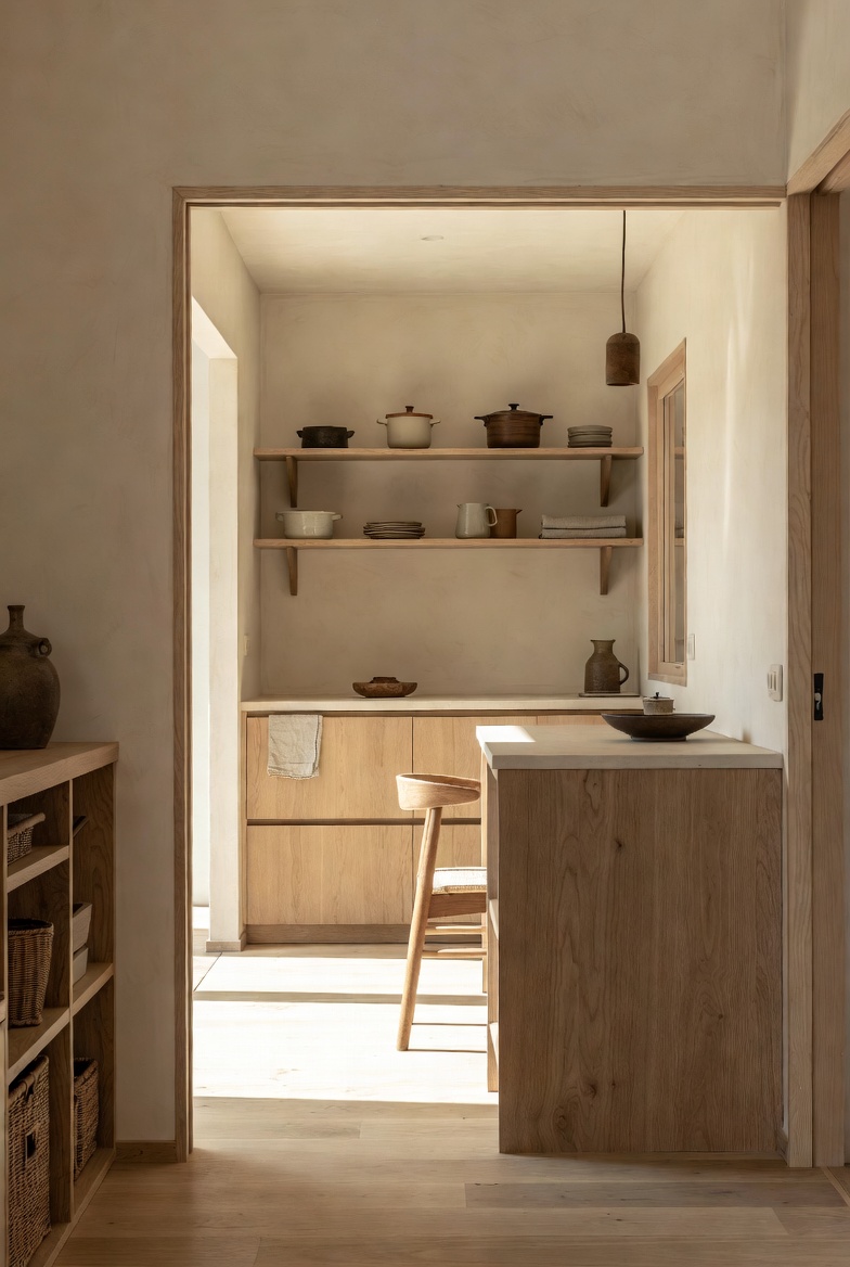 A japandi kitchen corner with open shelves and warm pottery