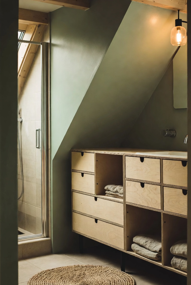 A cozy sage-green attic bathroom with a warm plywood vanity and folded linen towels