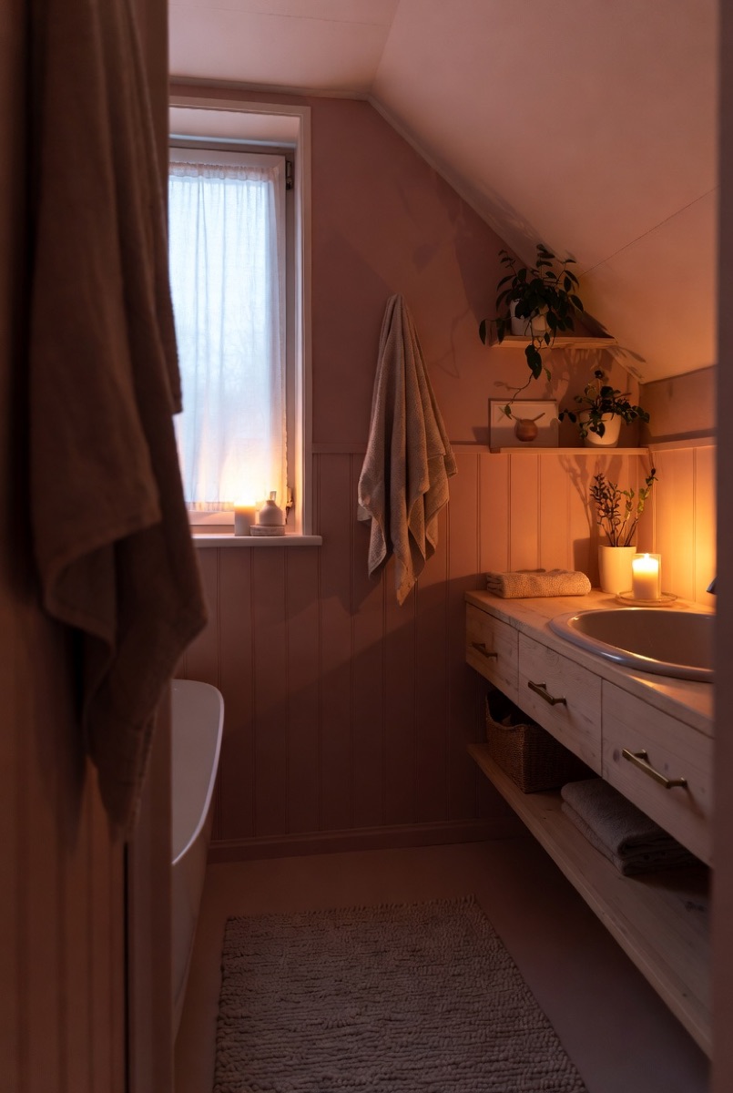A warm candlelit bathroom with dusty-pink walls, a wood vanity, hanging towels and plants