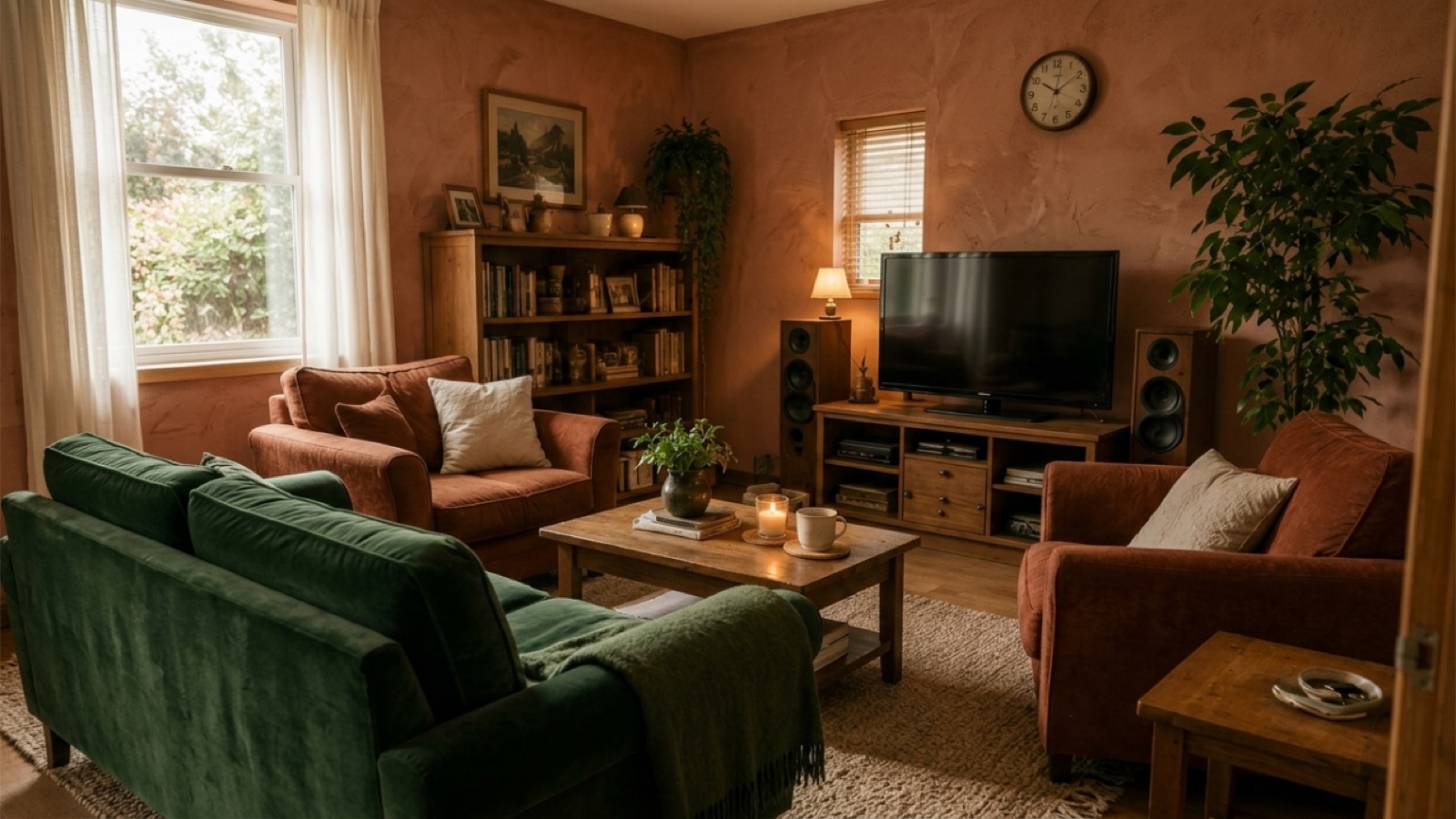 A living room in warm terracotta and forest green with a soft sofa and layered shelves
