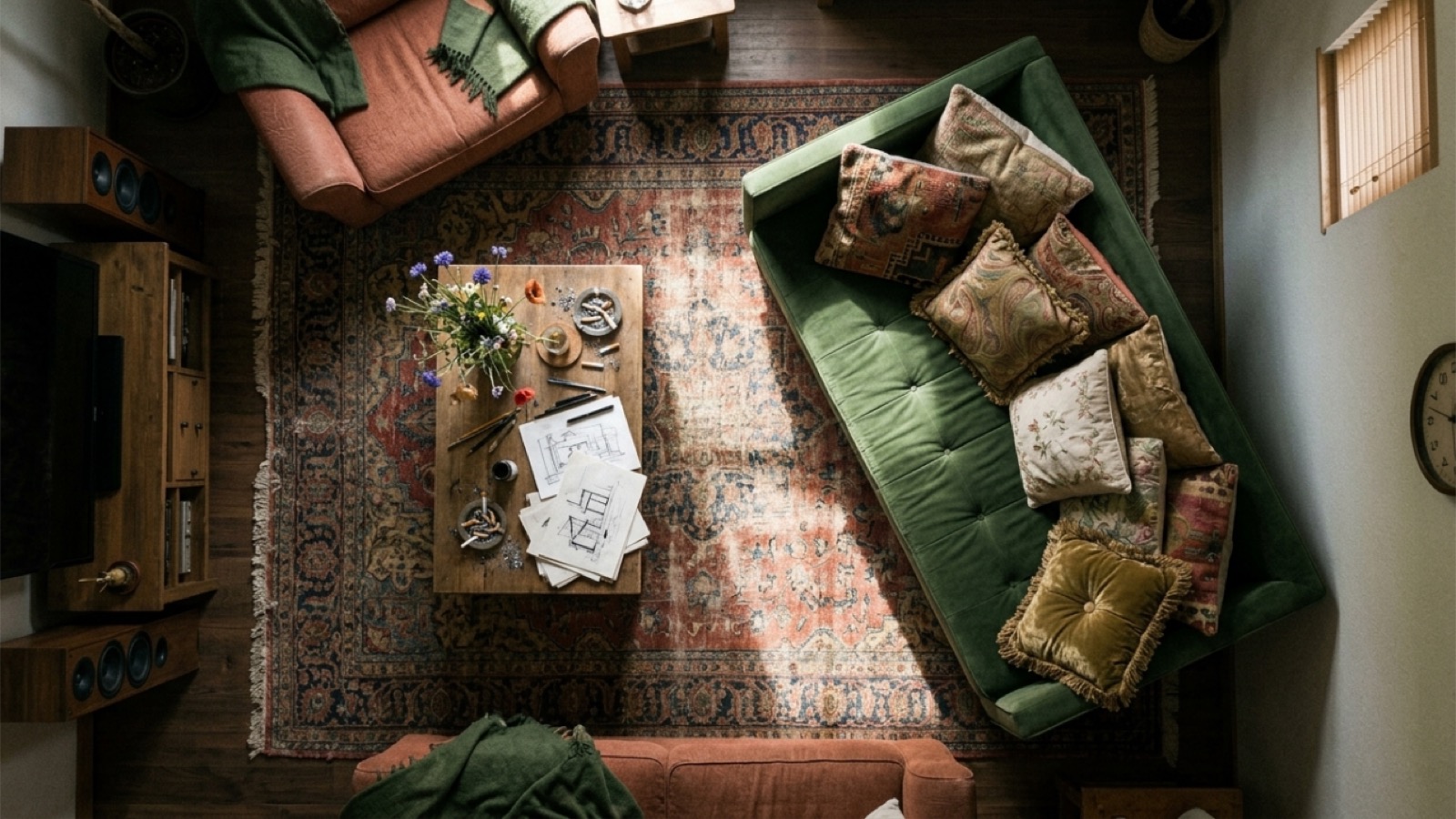 An overhead view of a green sofa layered with cushions and a textured rug