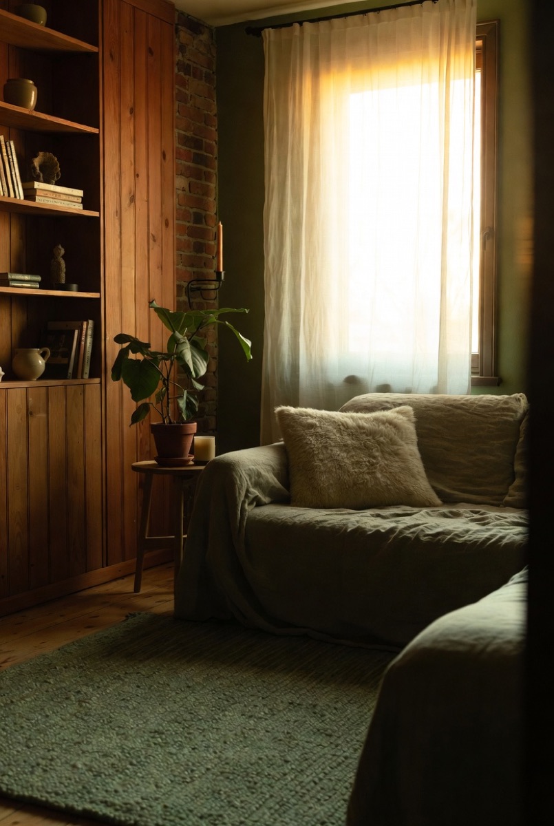 A cozy corner with an olive-green wall, wood shelving, brick and a linen sofa in warm afternoon light
