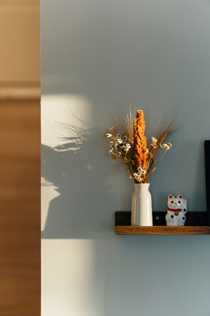 A shelf of dried flowers glowing in afternoon sun