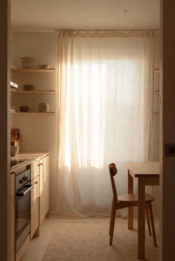 A small kitchen with warm pine cabinets and sheer curtains in soft afternoon light