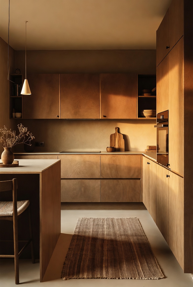 A warm wood small kitchen glowing in golden afternoon light with a jute runner