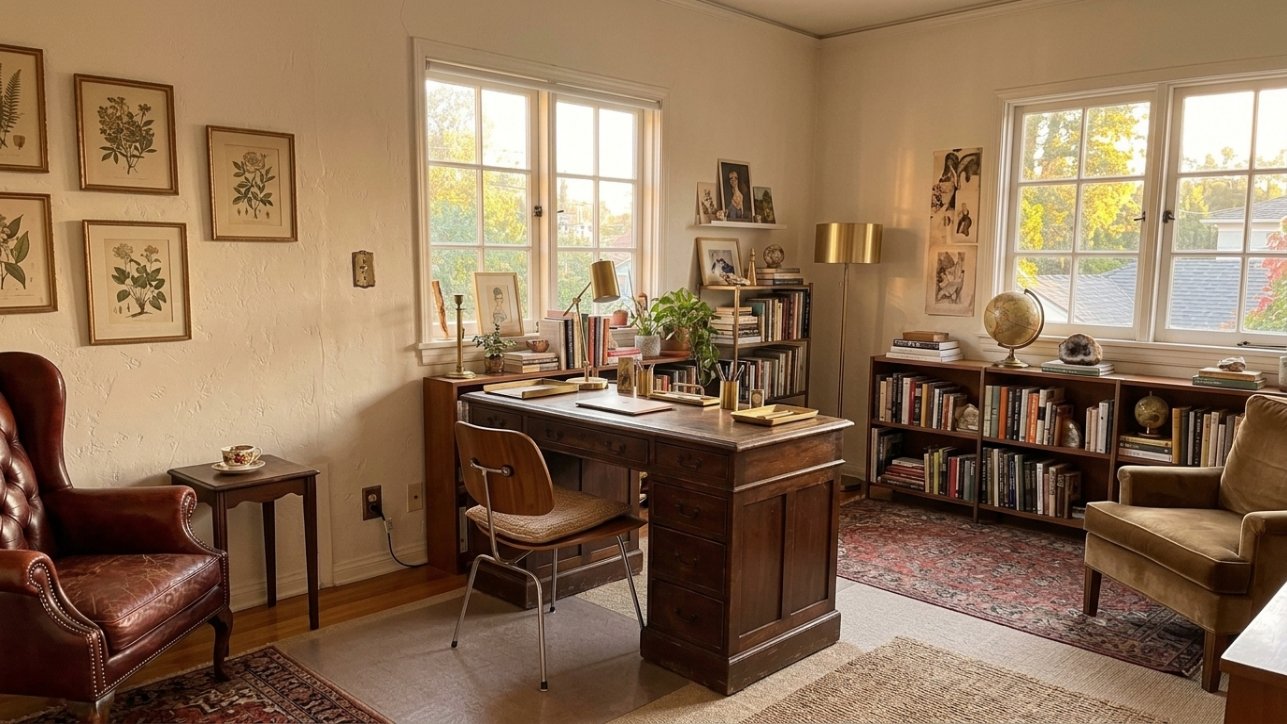 A vintage wood desk paired with a mid-century chair