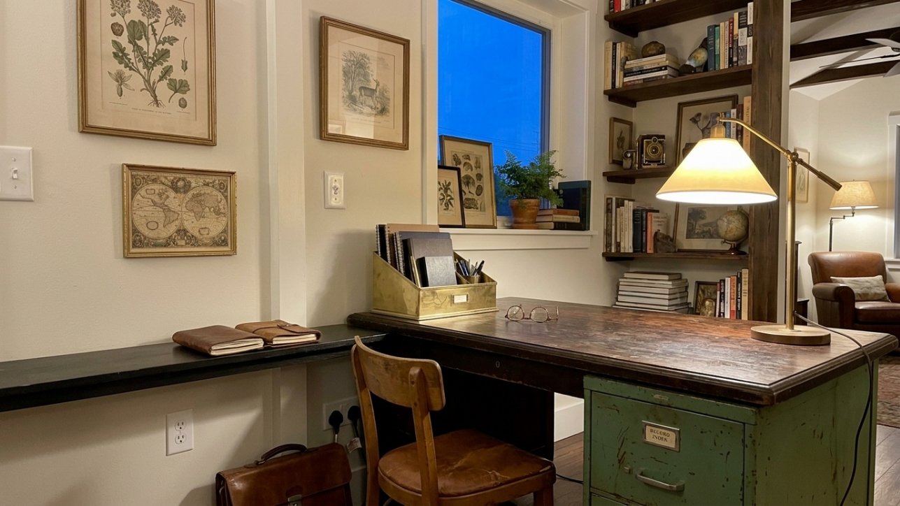 A brass desk organizer beside a vintage filing cabinet