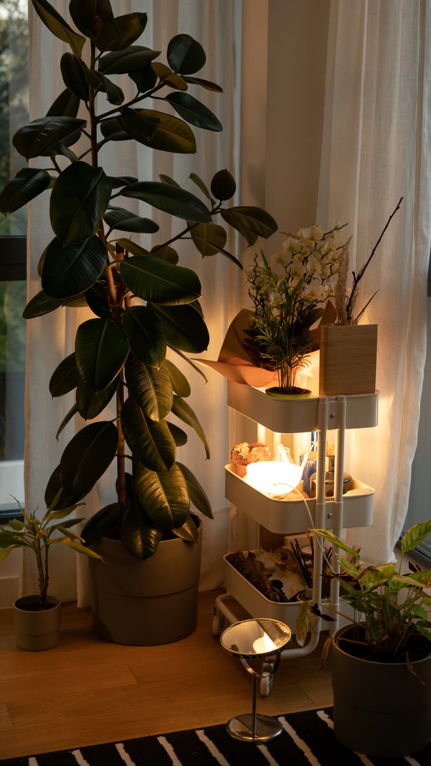 A warm corner with a plant and a salt lamp