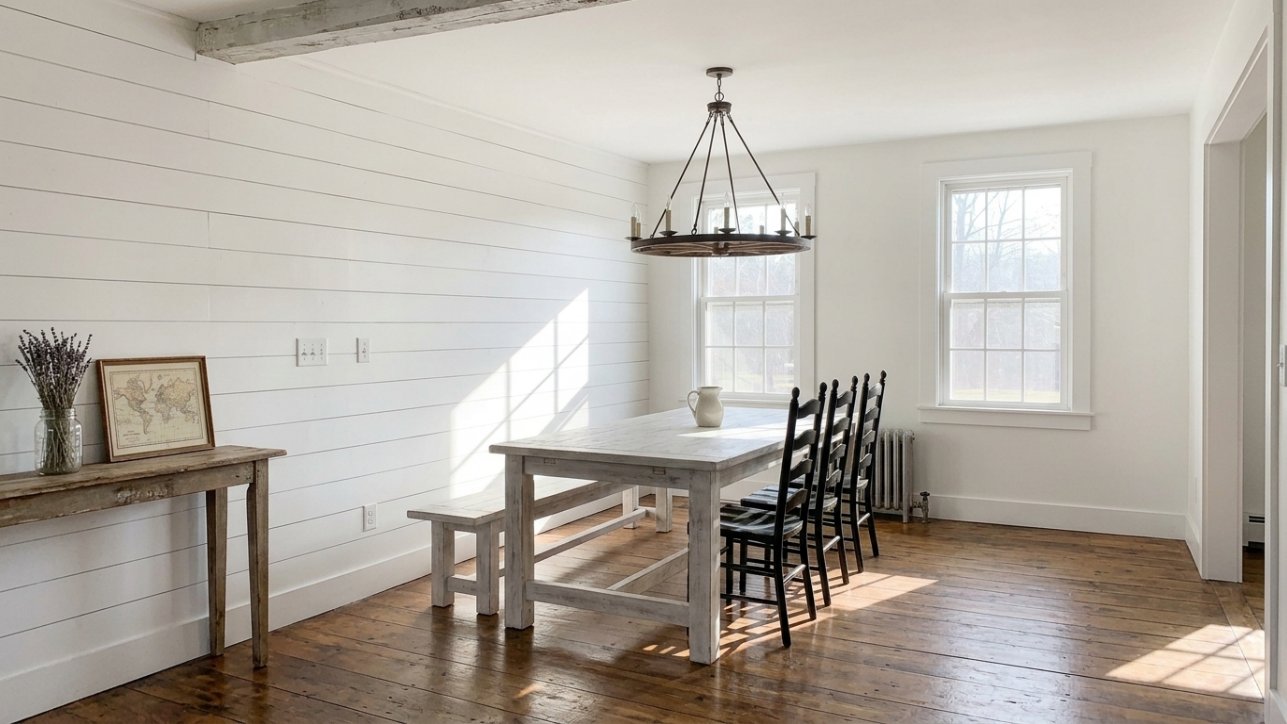A long reclaimed-wood dining table with a bench