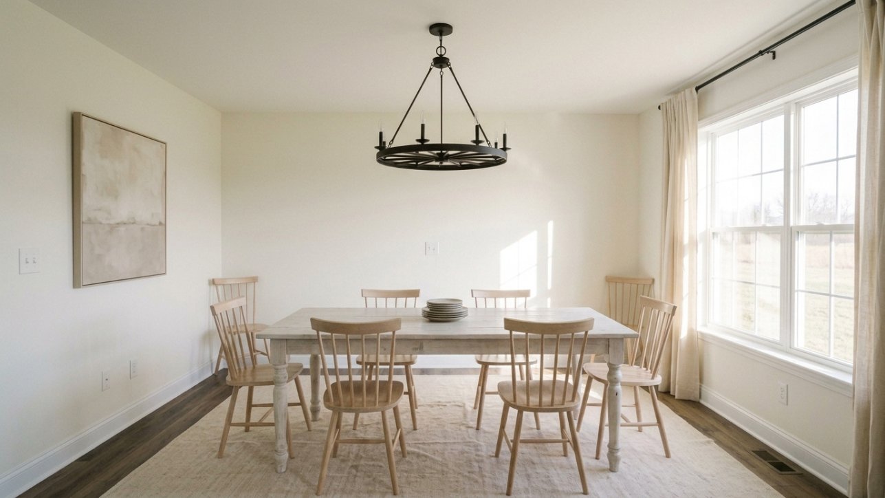 An iron chandelier over a farmhouse dining table
