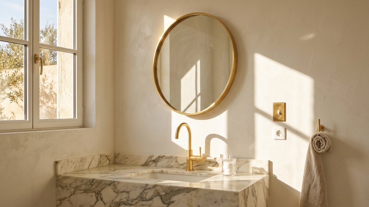 A brass framed round mirror over a marble-look vanity