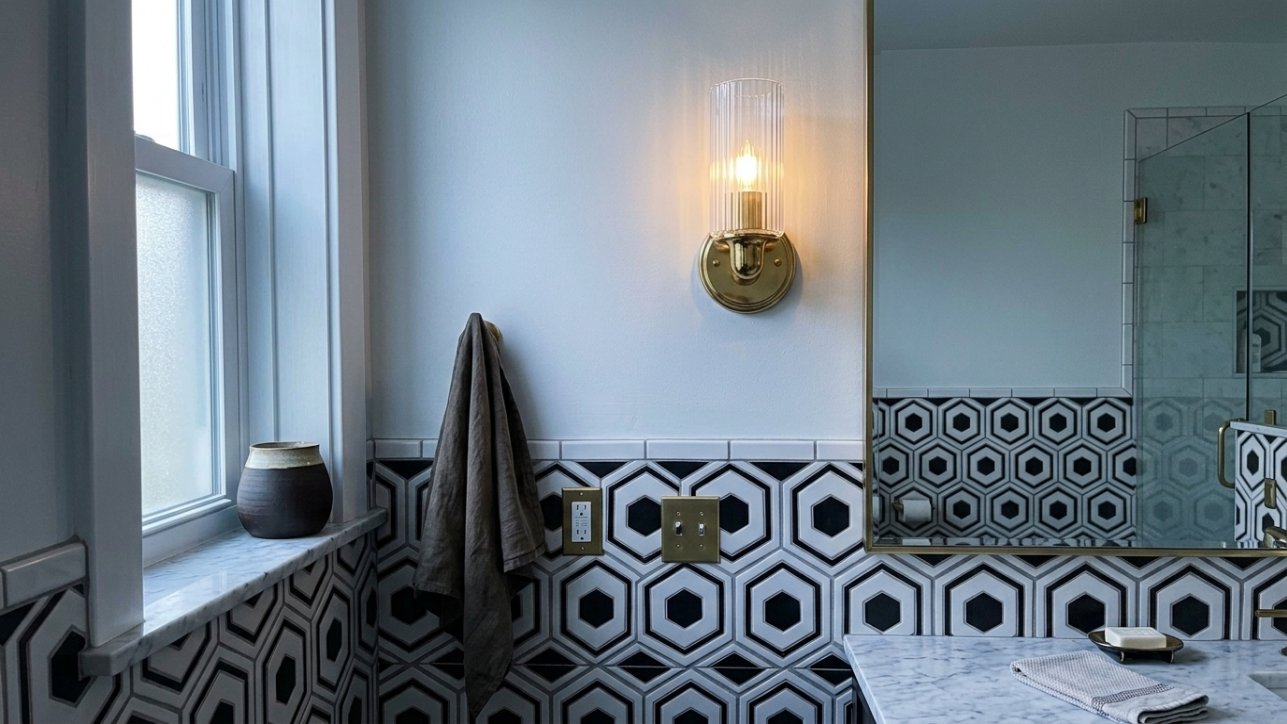 A fluted glass sconce beside black-and-white hex tile