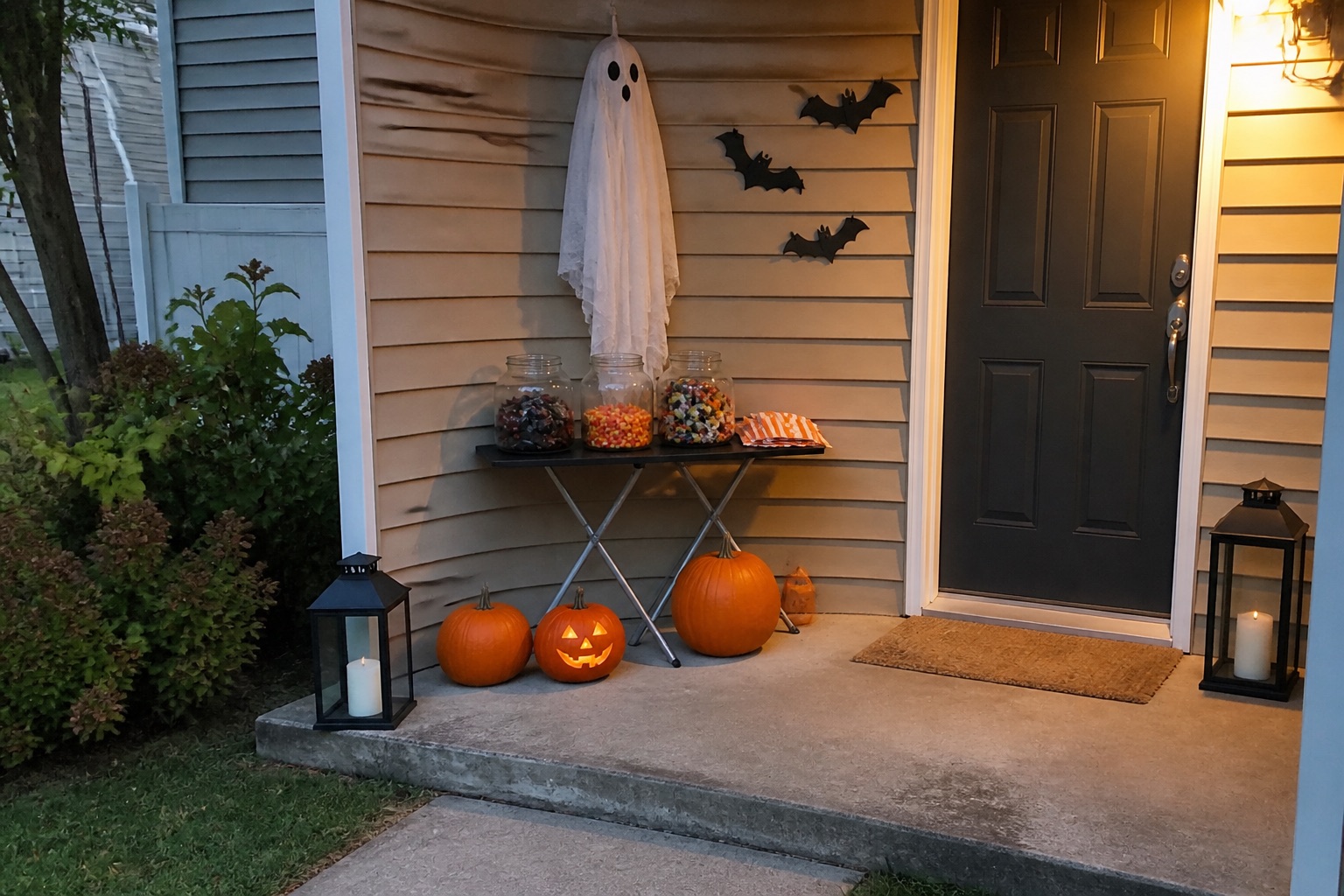 A Halloween porch treat station with stacked pumpkins, candy jars, lanterns and paper treat bags