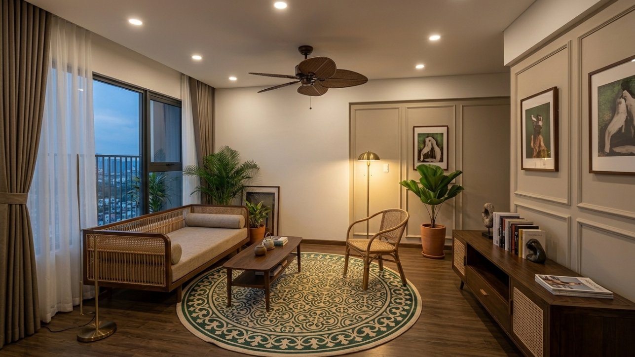 A wood-bladed ceiling fan above an encaustic-print rug