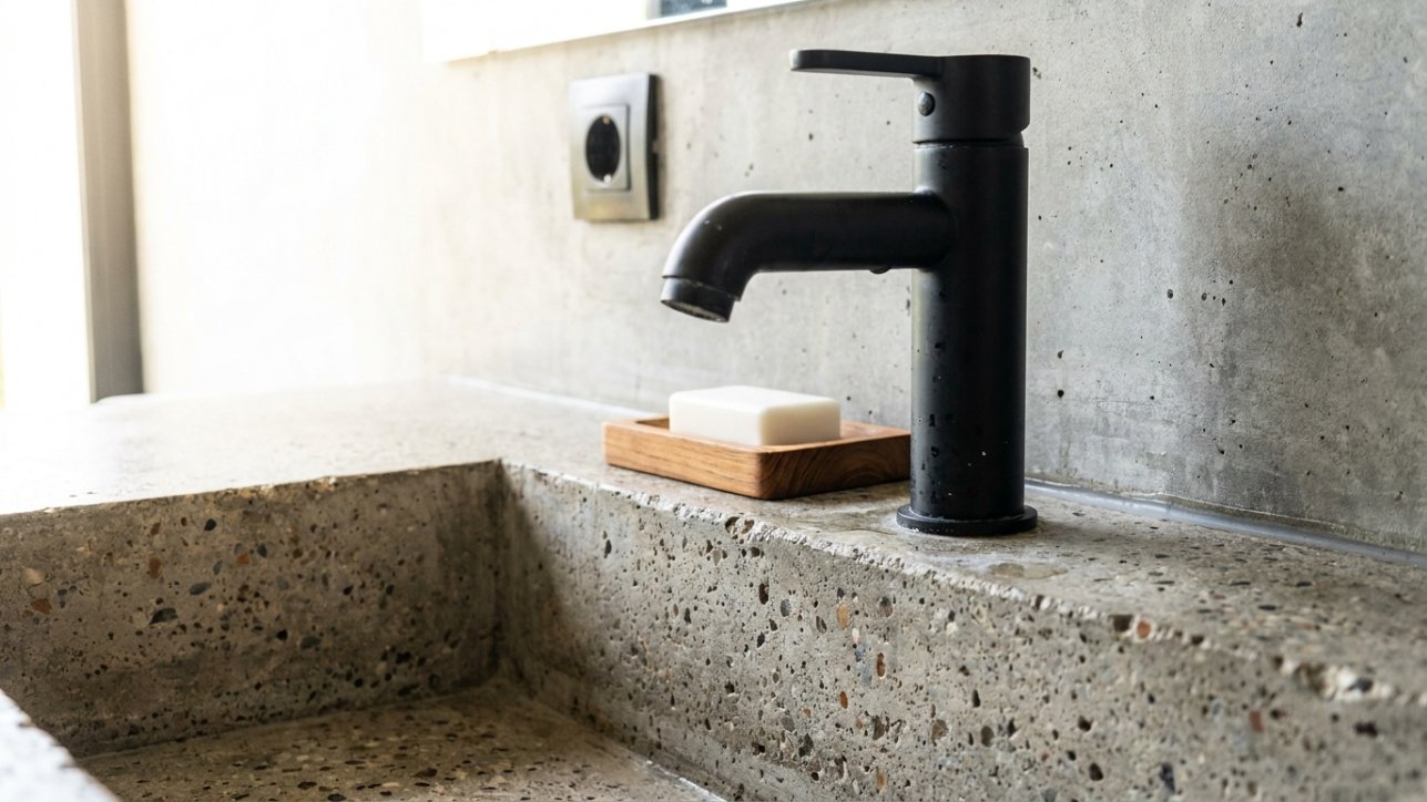 A matte black faucet against a concrete-look vanity