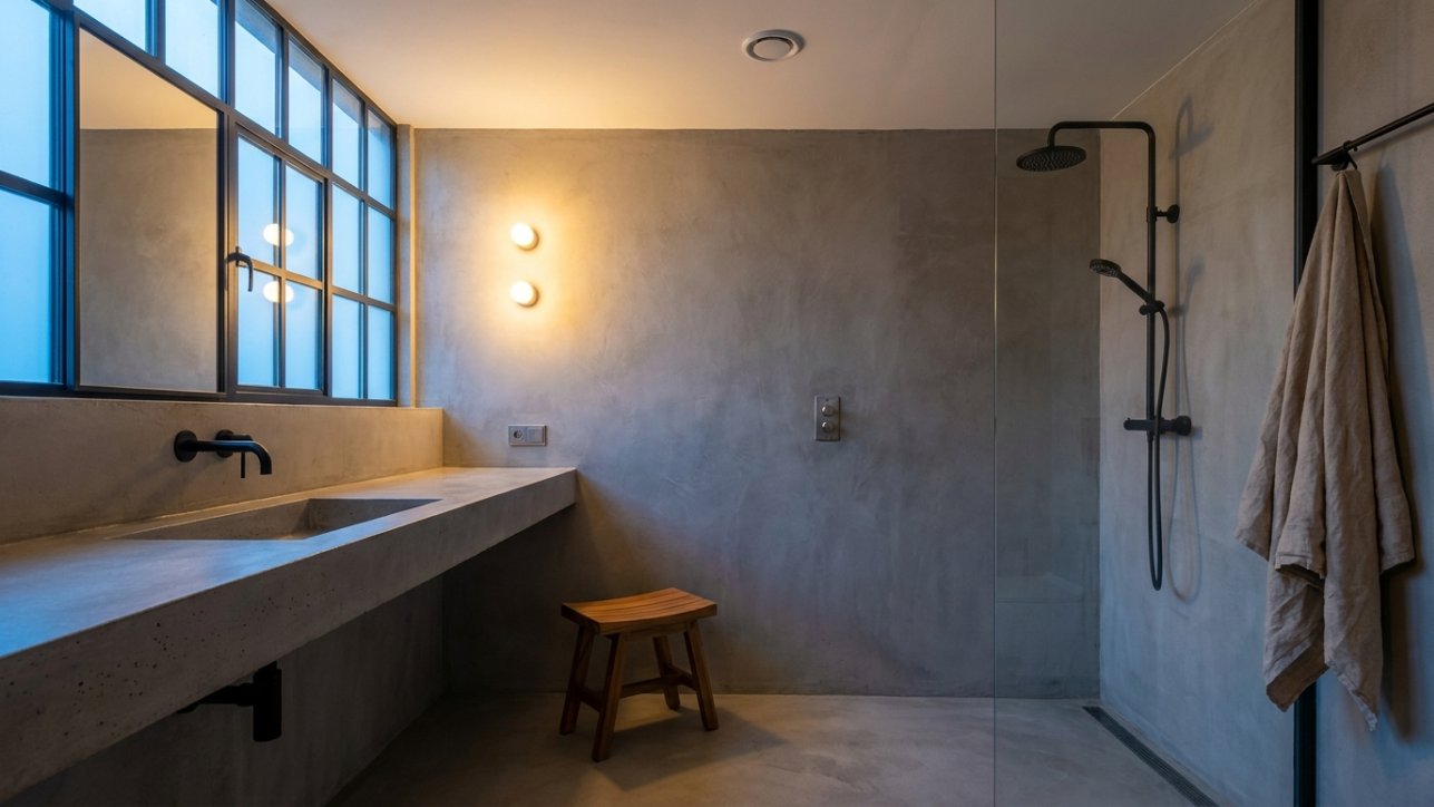 A teak stool beside a black-framed shower