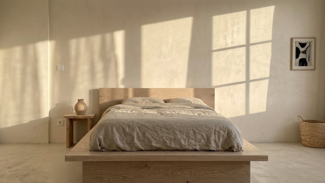 A low platform bed with a linen duvet and raw wood nightstand