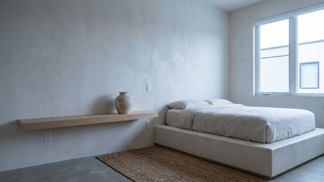 A handmade ceramic vase on a floating wood shelf