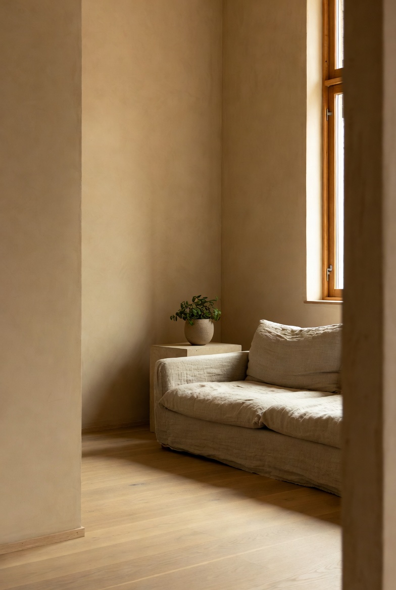 A warm plaster-walled corner with a linen sofa and a small plant
