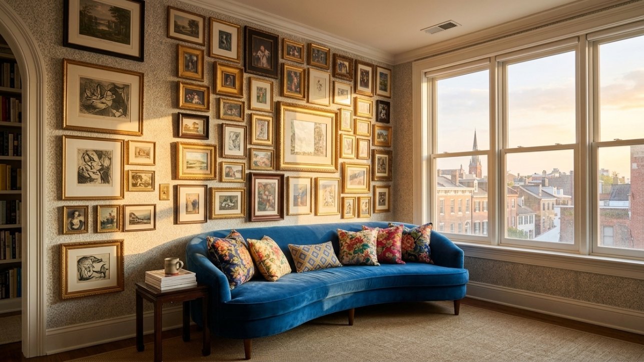 A floor-to-ceiling gallery wall behind a jewel-tone velvet sofa