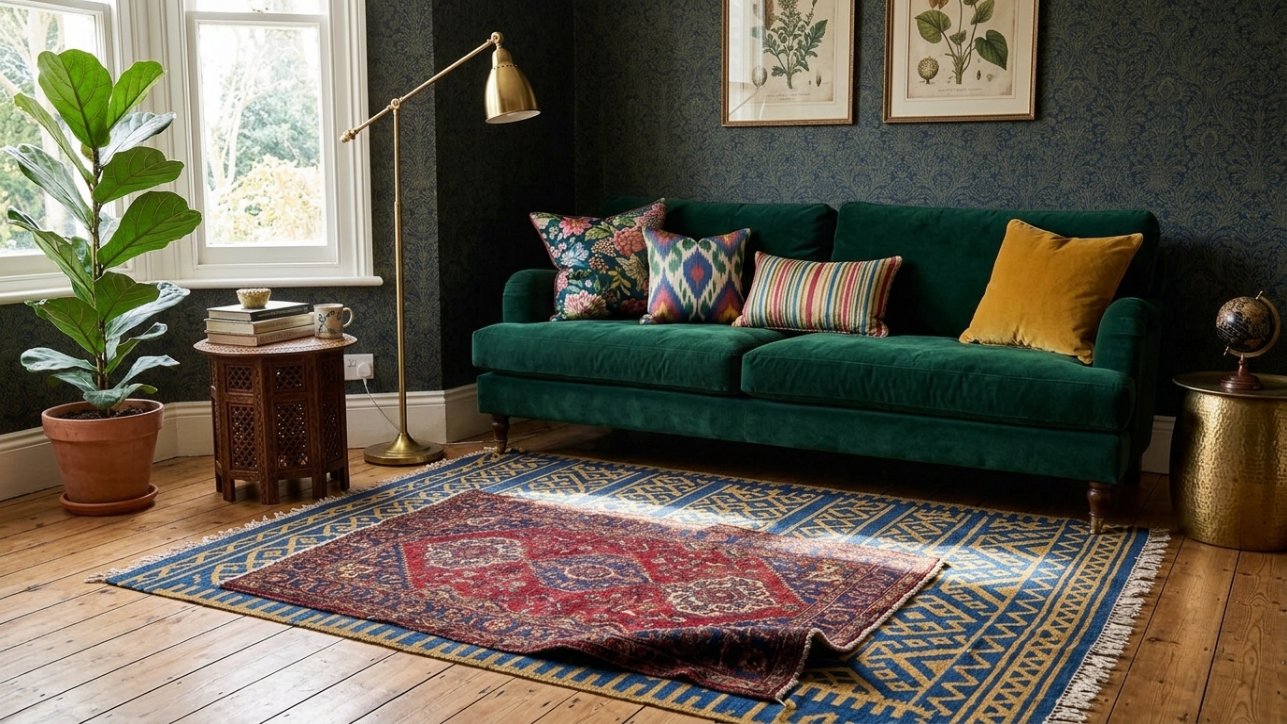 Layered patterned rugs beneath mixed pattern cushions