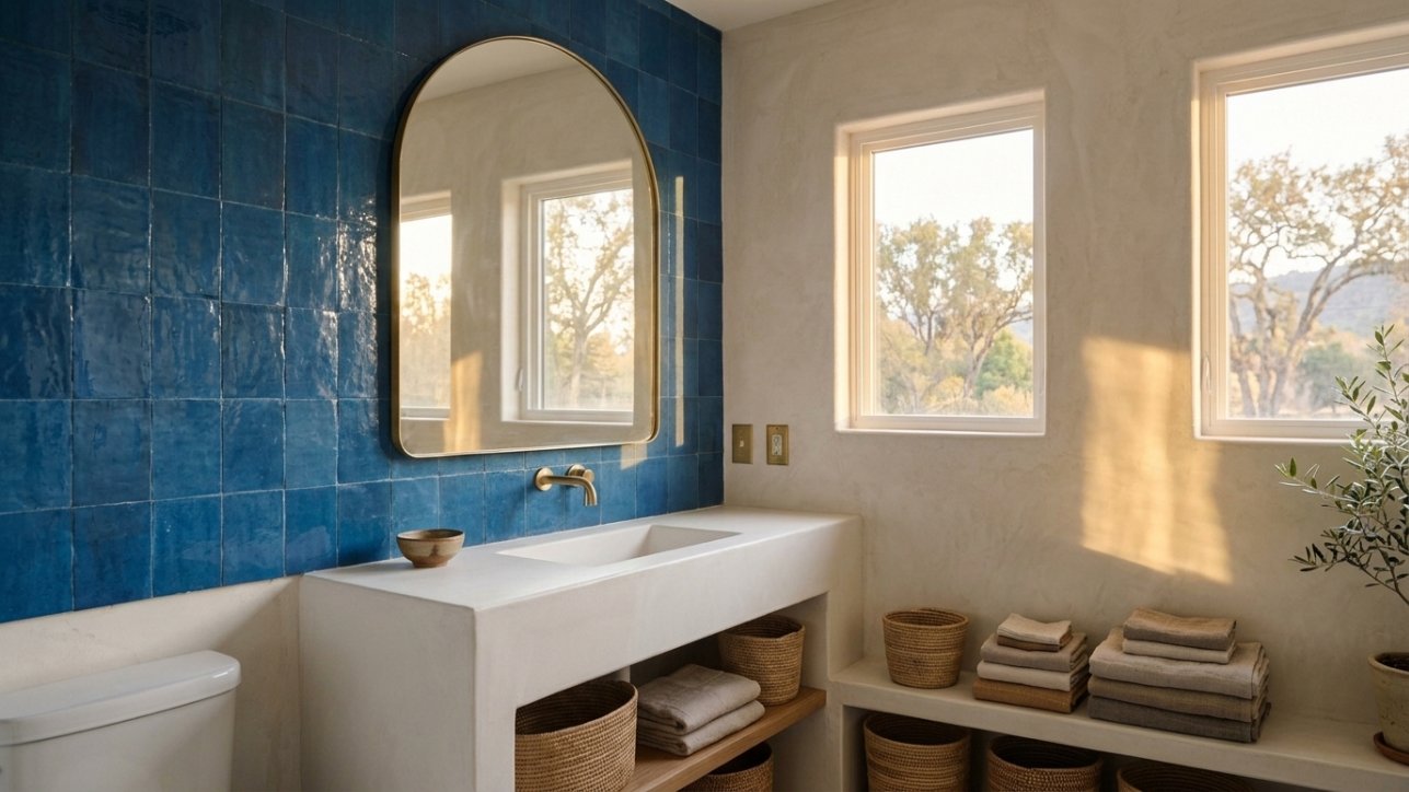 Blue zellige tile behind an arched wall mirror