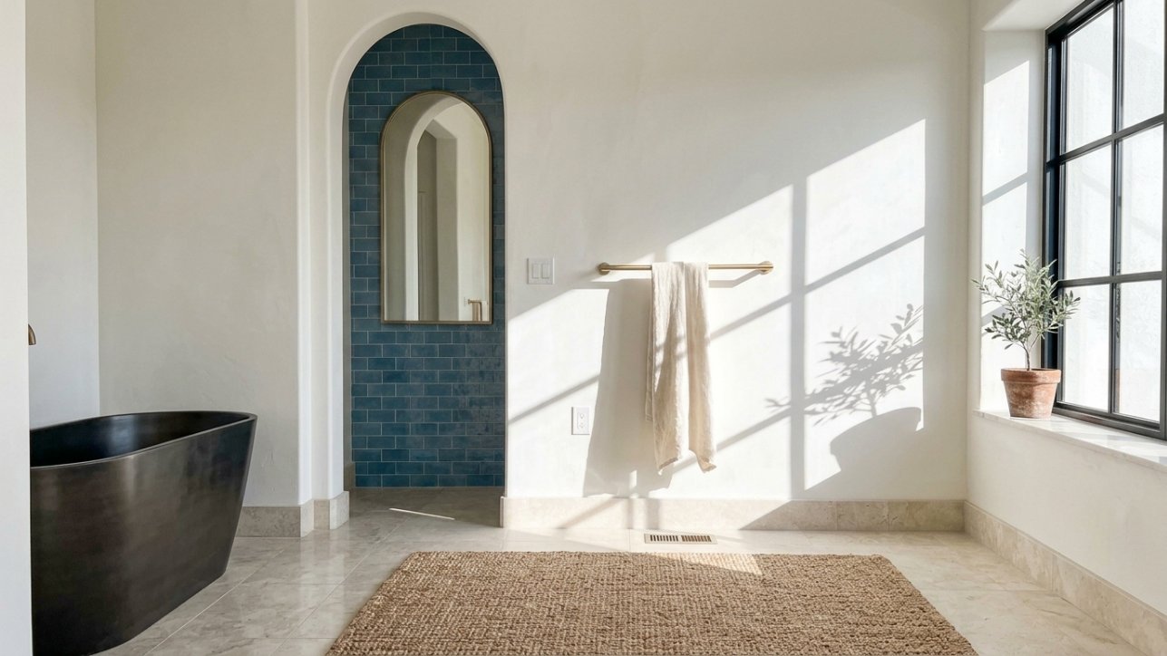 A jute bath mat beside a brushed brass towel bar