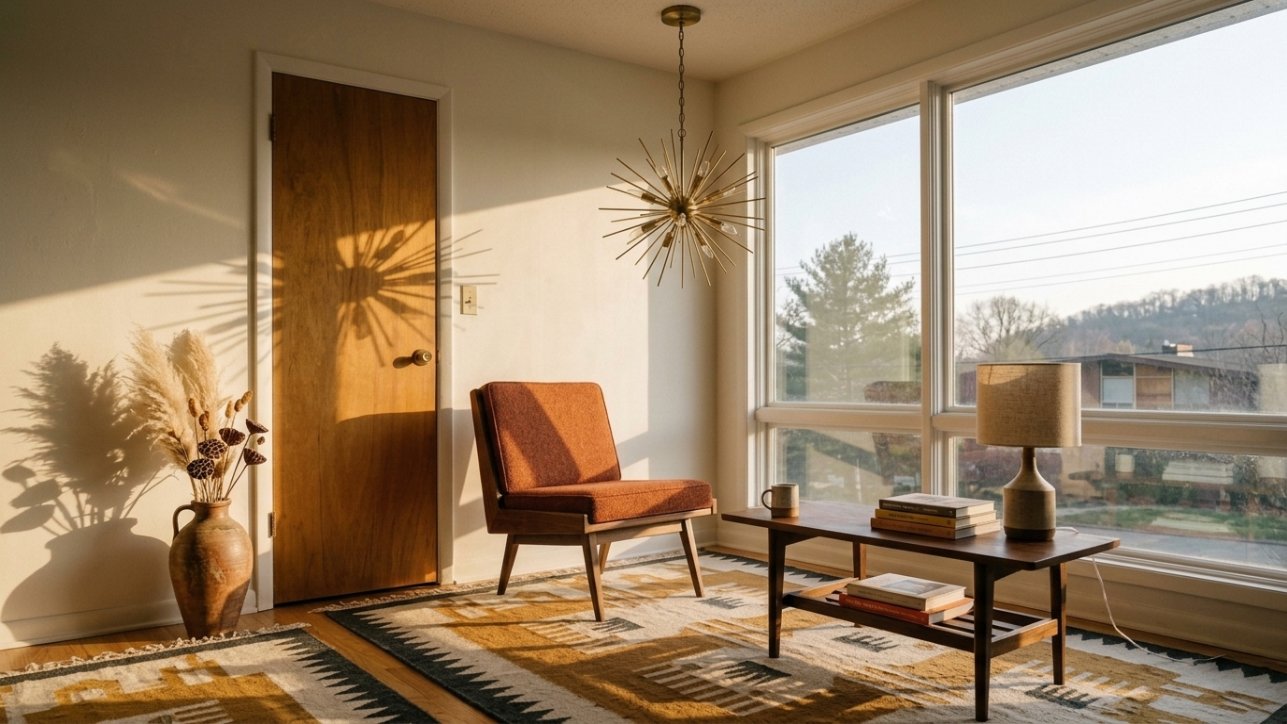 A tapered-leg accent chair under a sputnik pendant