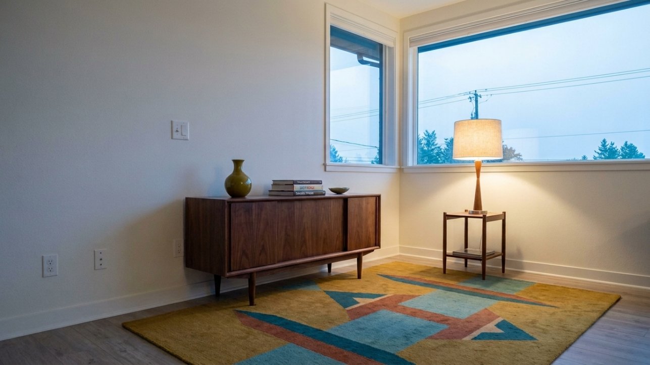 A geometric rug beneath a walnut credenza