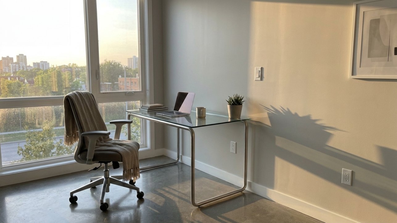 A glass-top steel desk with a single laptop