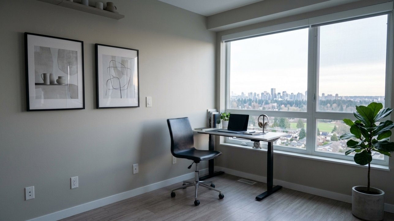 A slim black leather task chair against a neutral wall