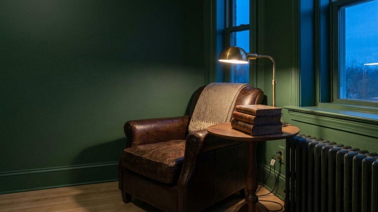 A dark leather armchair lit by a single brass lamp