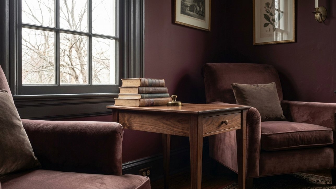 A walnut side table stacked with hardcover books