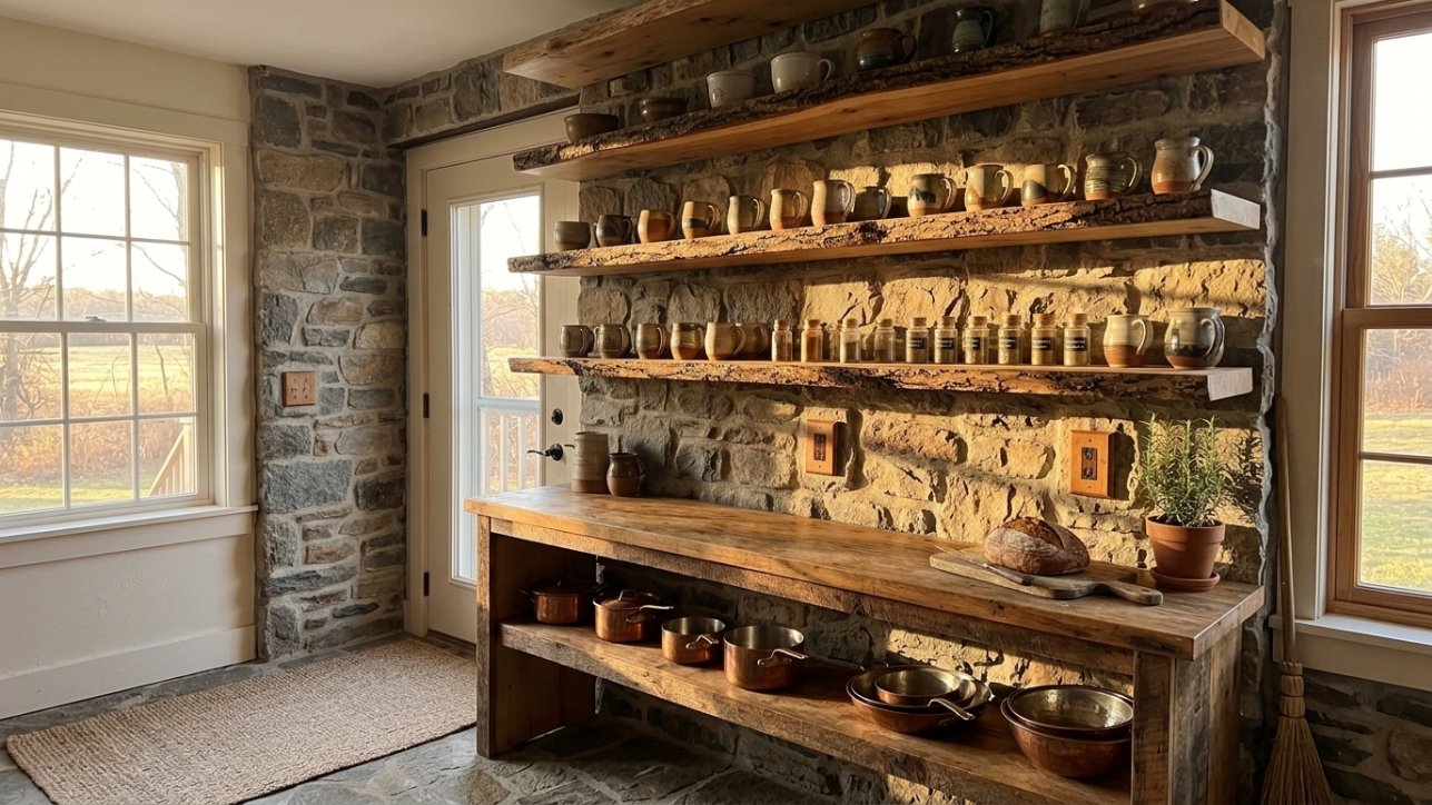 Live-edge wood open shelving over a stone backsplash