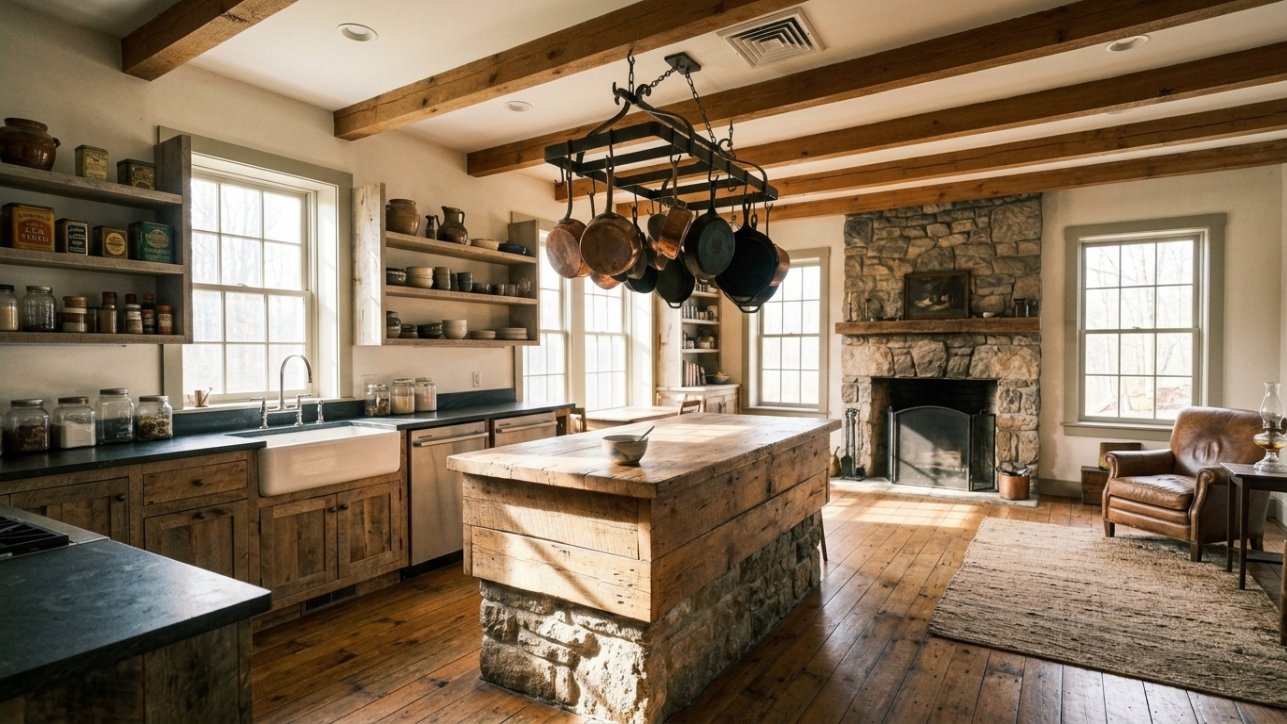 A hanging iron pot rack over a kitchen island