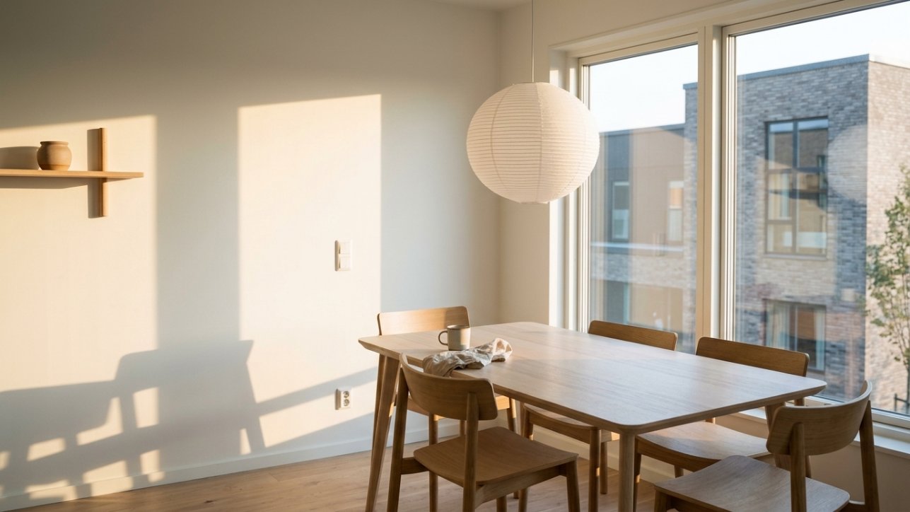 A pale wood dining table under a paper pendant light