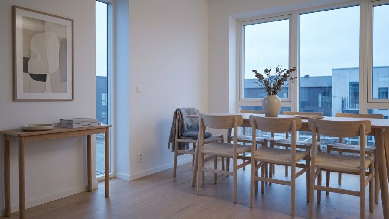Light-wood dining chairs against a white wall