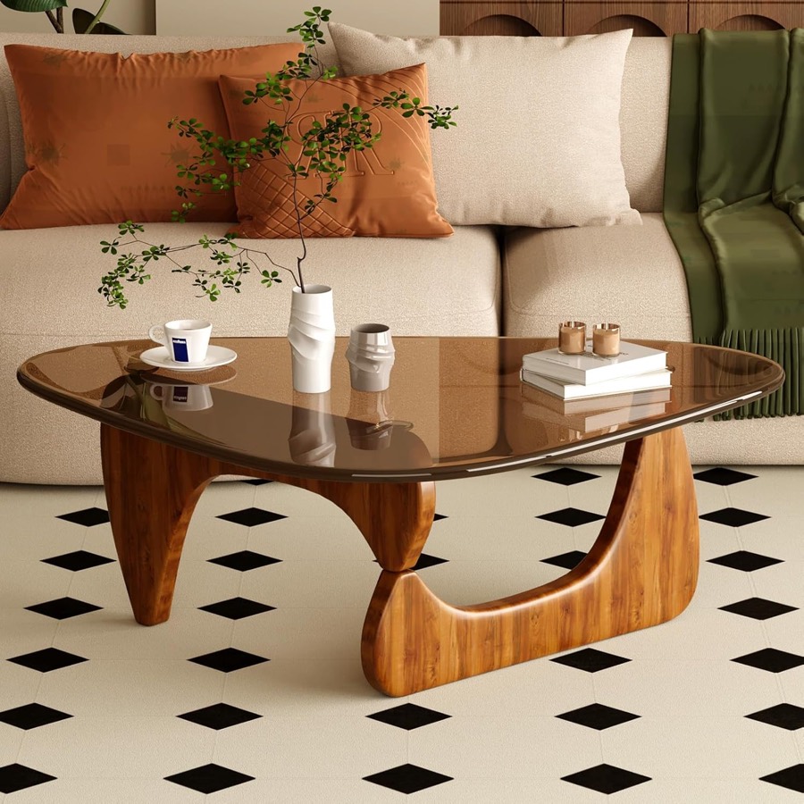 Mid-Century Glass Coffee Table (Walnut)