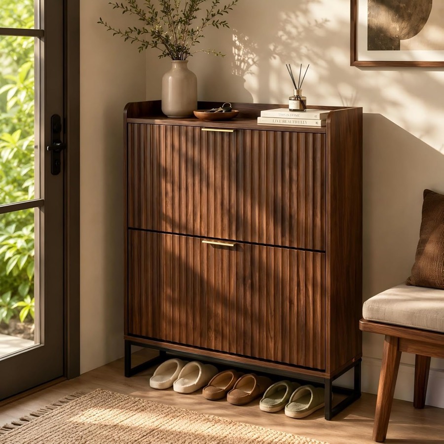 Fluted Shoe Storage Cabinet (Dark Walnut)