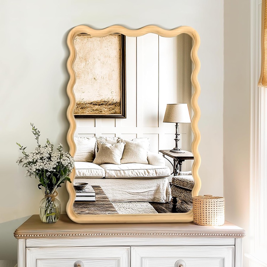 Boho Wavy Wood Wall Mirror