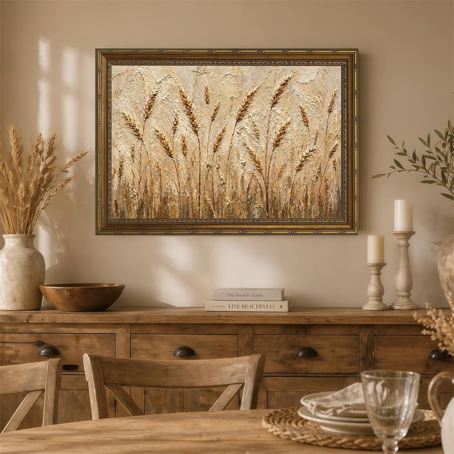 3D Textured Wheat Wall Art (Gold Frame)
